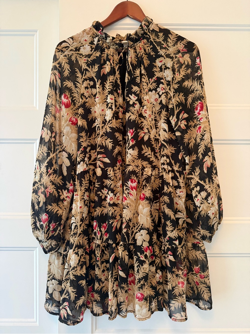 H&M Black Floral Long-Sleeve Tiered Dress with Gold and red Accents
